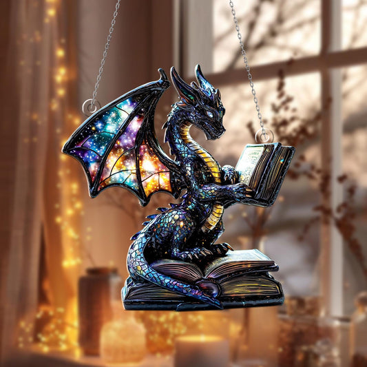 Galaxy Dragon Acrylic Window Hanging – Fantasy Sun Catcher with Book Design, Unique Dragon Window Ornament for Home, Library or Gift
