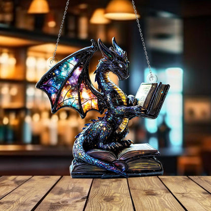 Galaxy Dragon Acrylic Window Hanging – Fantasy Sun Catcher with Book Design, Unique Dragon Window Ornament for Home, Library or Gift