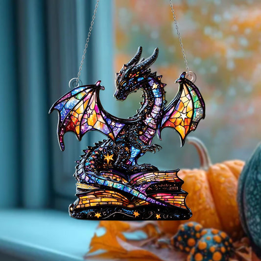 Galaxy Dragon Acrylic Window Hanging – Fantasy Sun Catcher with Book, Magical Dragon Window Ornament for Home, Library or Gift Decor