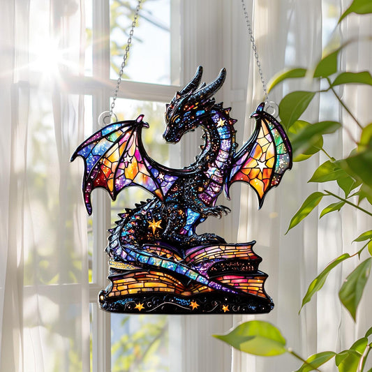 Galaxy Dragon Acrylic Window Hanging – Fantasy Sun Catcher with Book, Magical Dragon Window Ornament for Home, Library or Gift Decor