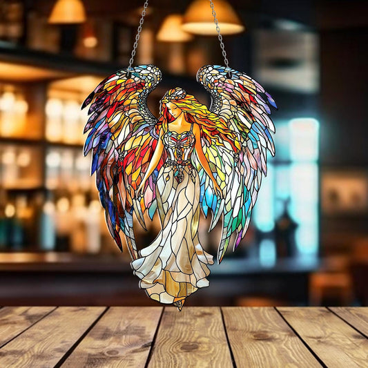Colorful Angel Acrylic Window Hanging – Fantasy Sun Catcher with Rainbow Wings, Spiritual Window Decoration for Home, Gift or Garden Decor