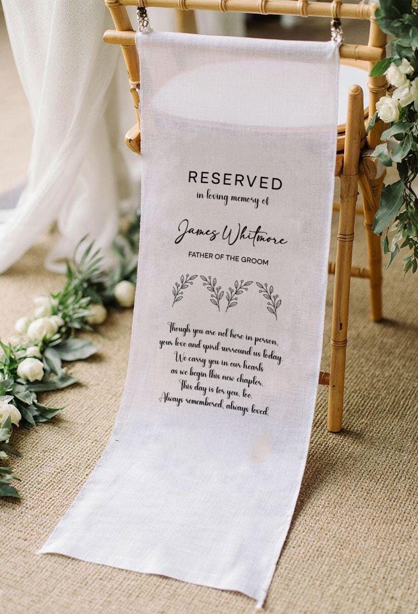 Reserved In Loving Memory Wedding Chair Sign, Father of the Groom Memorial Banner, Personalized Remembrance Seat Sign, Wedding Gift Decor