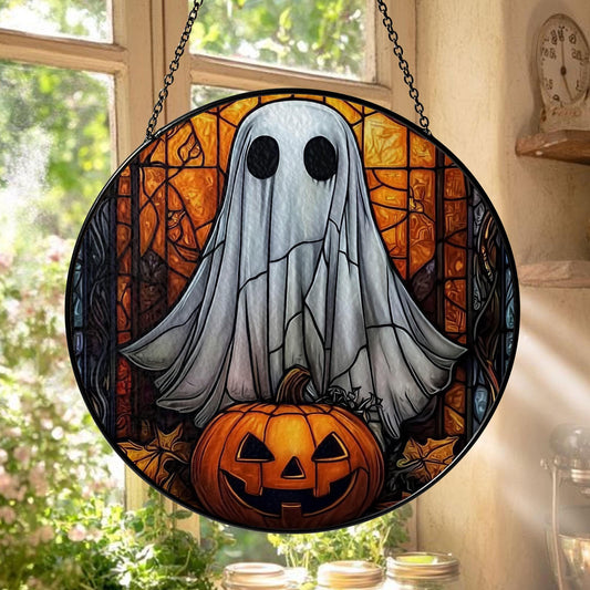 Halloween Ghost Stained Glass Suncatcher – Spooky Ghost with Pumpkin Window Hanging, Gothic Home Décor, Unique Sun Catcher Gift