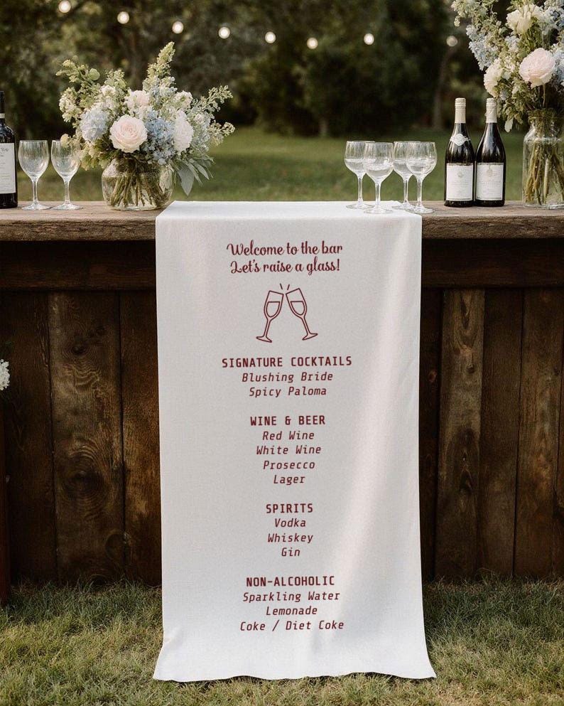 Beach Wedding Bar Menu Sign, Coastal Bar Banner, Custom Cocktail Drink Menu, Fabric Bar Sign, Personalized Reception Drink Display Decor