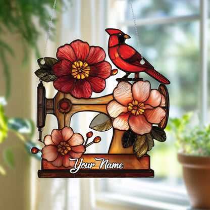 Custom Window Hanging Decoration, Personalized Sewing Machine Window Art, Cardinal and Floral Window Hanging Gift, Unique Home Window Decor
