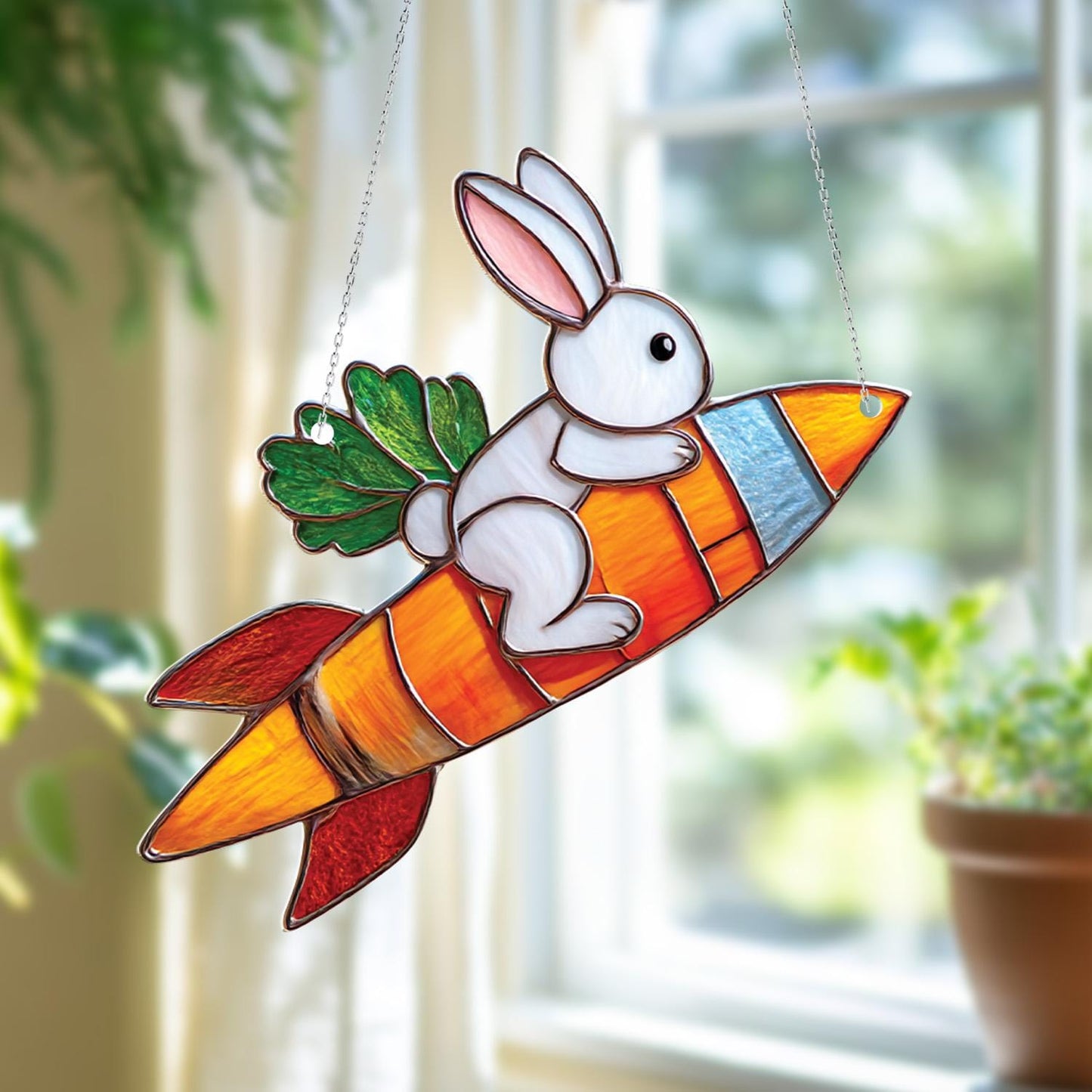 Cute Bunny Window Hanging Decoration, Carrot Rocket Window Art, Whimsical Animal Window Hanging, Fun Kids Room Decor, Unique Gift Idea