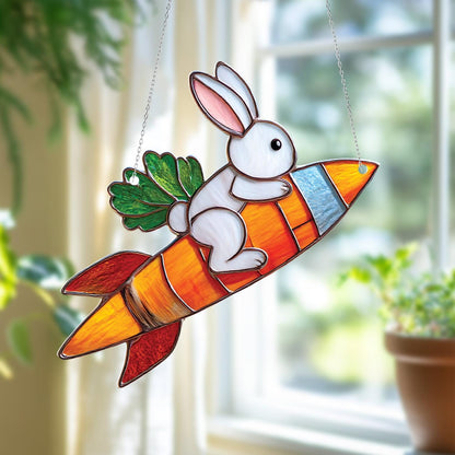 Cute Bunny Window Hanging Decoration, Carrot Rocket Window Art, Whimsical Animal Window Hanging, Fun Kids Room Decor, Unique Gift Idea