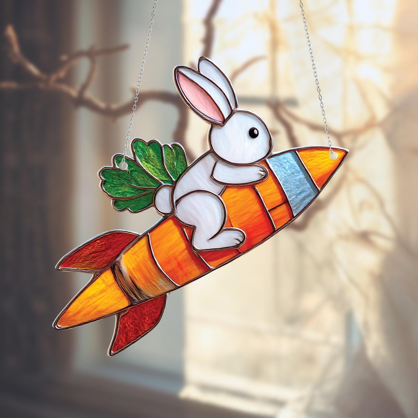 Cute Bunny Window Hanging Decoration, Carrot Rocket Window Art, Whimsical Animal Window Hanging, Fun Kids Room Decor, Unique Gift Idea
