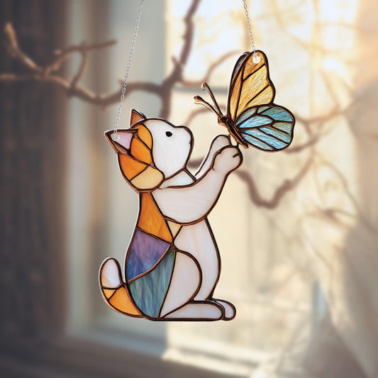 Cat and Butterfly Window Hanging, Cute Animal Window Decor, Whimsical Kitty Window Art, Playful Window Hanging Gift, Unique Home Decoration
