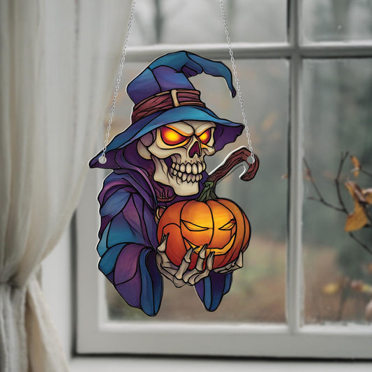 Halloween Skeleton Window Hanging, Pumpkin Witch Window Art, Creepy Gothic Window Decoration, Spooky Home Window Hanging Gift for Fall