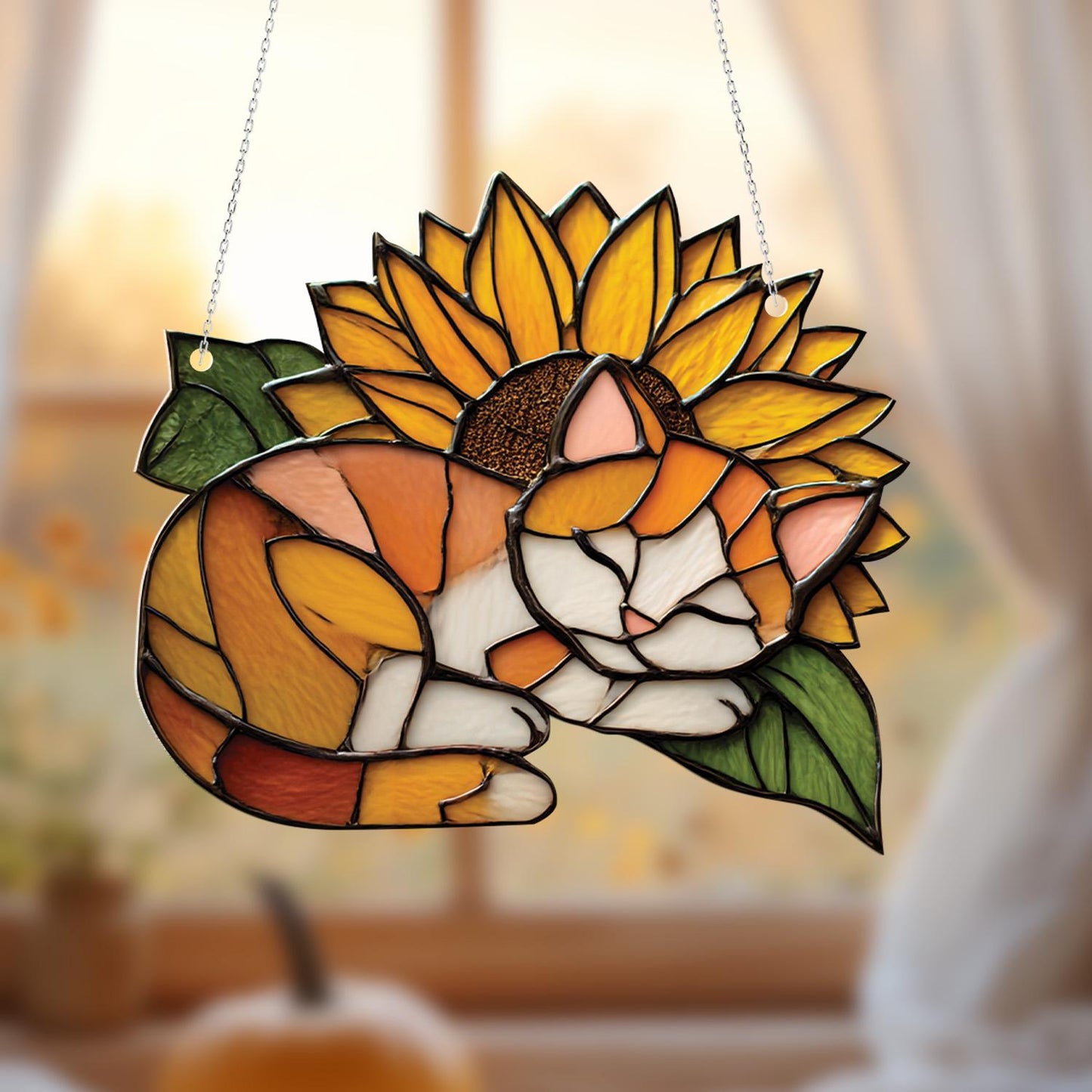 Cat and Sunflower Window Hanging, Cozy Kitty Window Decor, Floral Window Hanging Gift, Whimsical Cat Lover Home Decoration,Unique Window Art