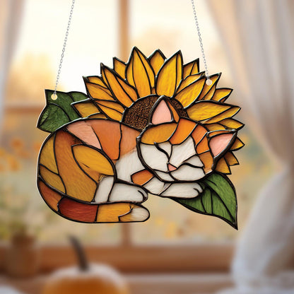 Cat and Sunflower Window Hanging, Cozy Kitty Window Decor, Floral Window Hanging Gift, Whimsical Cat Lover Home Decoration,Unique Window Art
