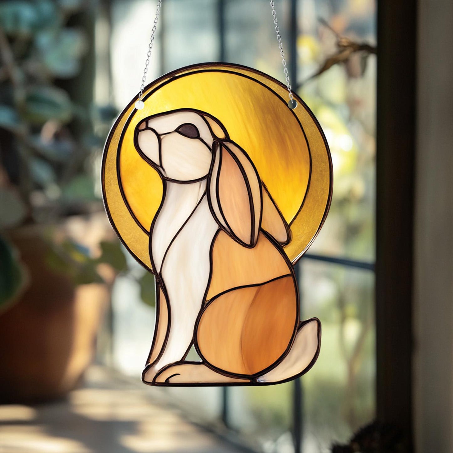 Bunny Window Hanging Decoration, Rabbit Window Art with Golden Sun, Whimsical Animal Window Decor, Cute Bunny Lover Gift, Unique Home Accent