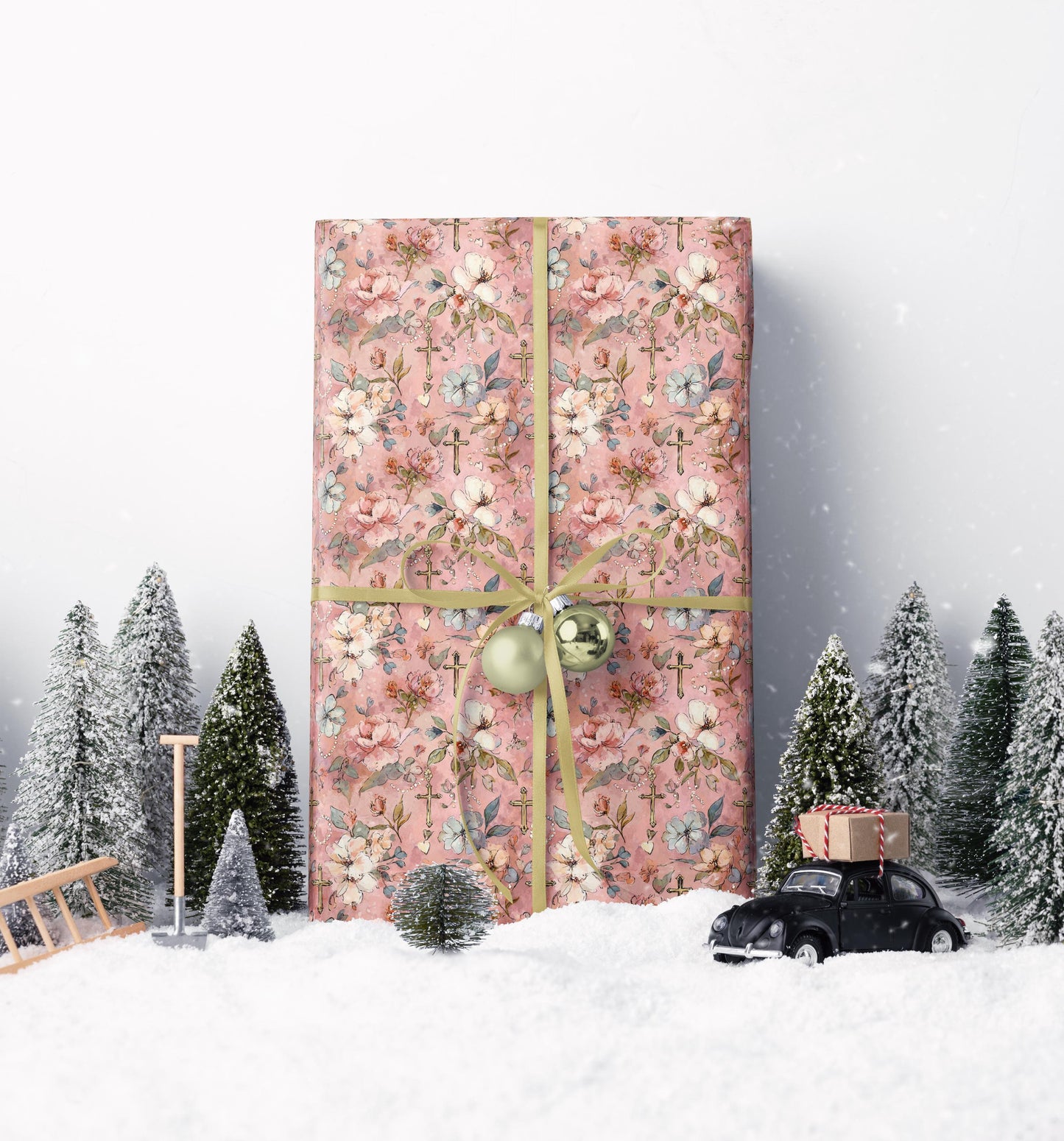 Christian Baptism Wrapping Paper Watercolor Coquette Style | Baby Girl Christening Gift Wrap | Elegant Religious Gift Paper #1