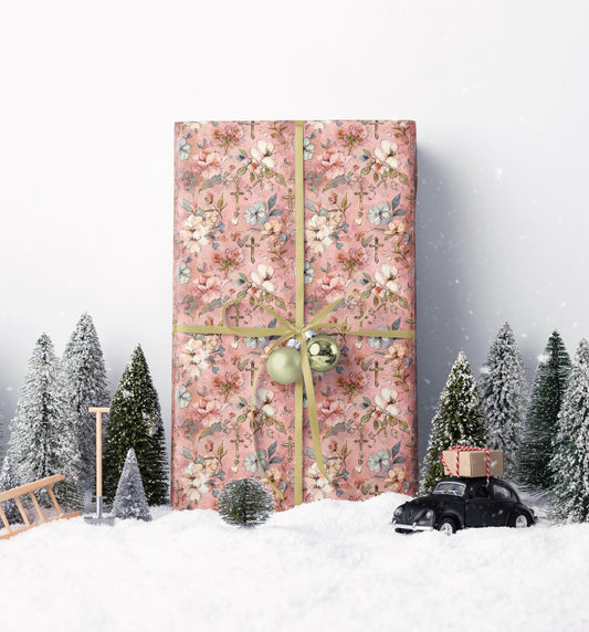 Christian Baptism Wrapping Paper Watercolor Coquette Style | Baby Girl Christening Gift Wrap | Elegant Religious Gift Paper #1