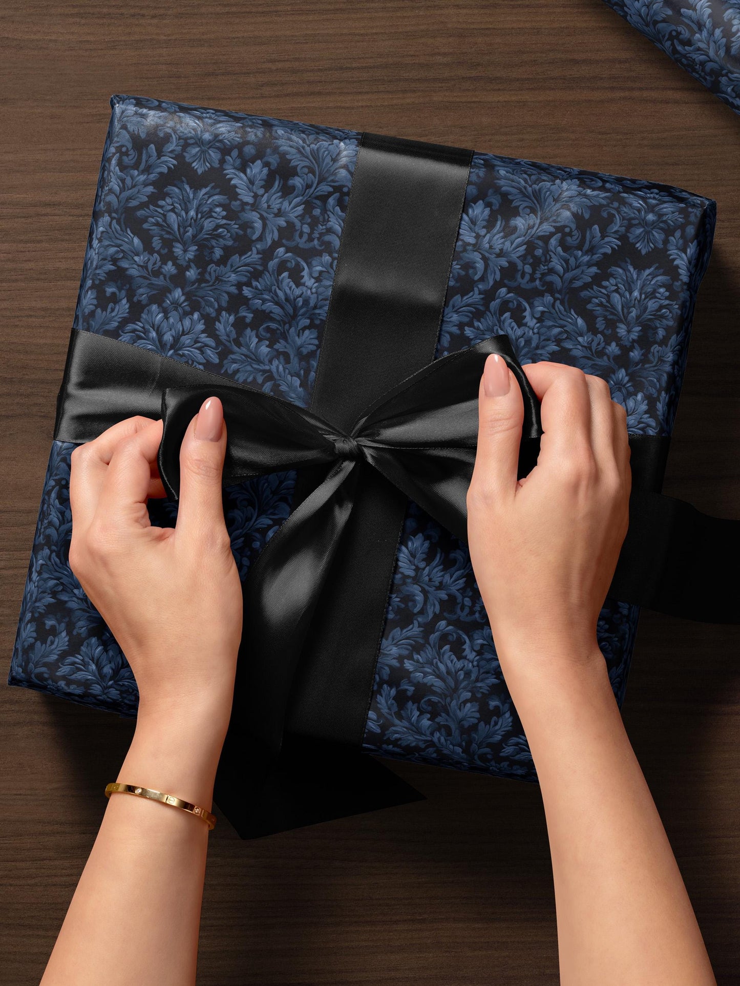 Blue Flower Gift Wrap Dark Blue Floral Damask Design Flower Wrapping Paper Botanical Gift Wrap for Her Wrapping Paper Wedding Gift Idea