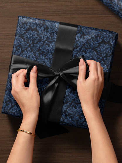 Blue Flower Gift Wrap Dark Blue Floral Damask Design Flower Wrapping Paper Botanical Gift Wrap for Her Wrapping Paper Wedding Gift Idea