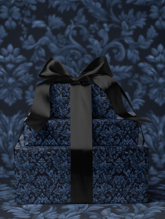 Blue Flower Gift Wrap Dark Blue Floral Damask Design Flower Wrapping Paper Botanical Gift Wrap for Her Wrapping Paper Wedding Gift Idea