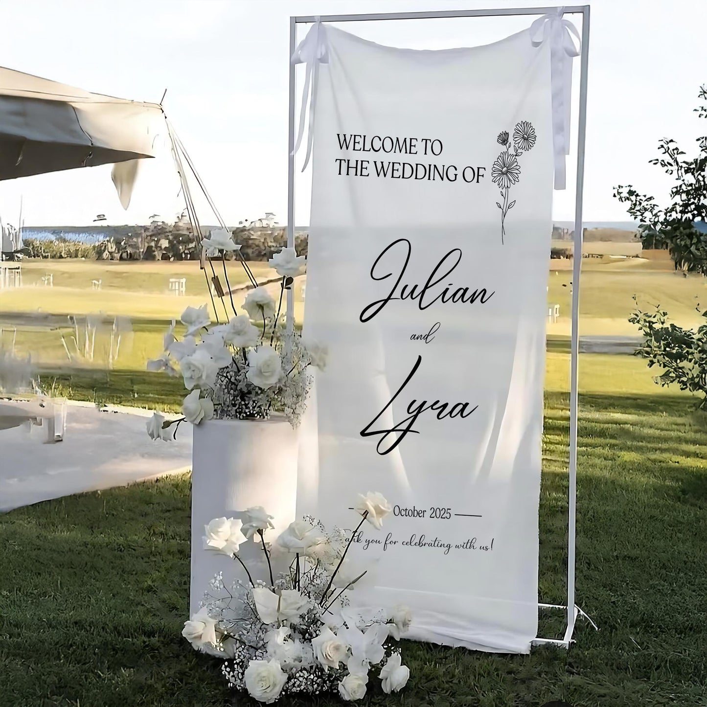 Personalized Wedding Welcome Sign, Custom Fabric Banner for Outdoor Ceremony, Elegant Personalized Bride and Groom Sign, Wedding Backdrop