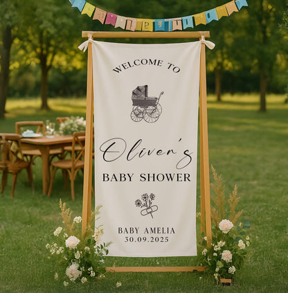 Baby Shower Welcome Sign, Custom Fabric Baby shower sign, Linen Shower sign, Rustic Baby Carriage , Baby shower stroller decor ideas