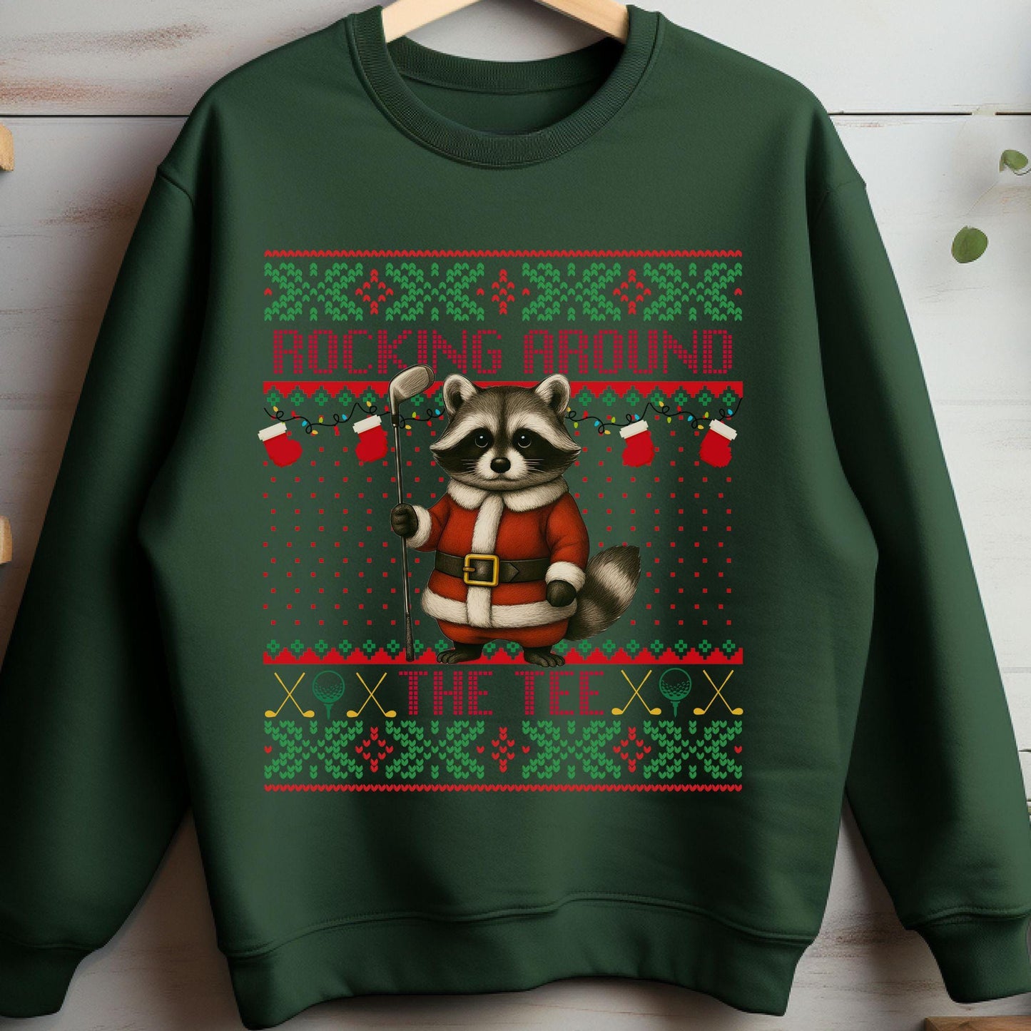 Rockin' Around the Christmas Tree Shirt Santa Claus Golfing Golf Ugly Sweater Funny Raccoon Shirt Funny Secret Santa Gift Ideas