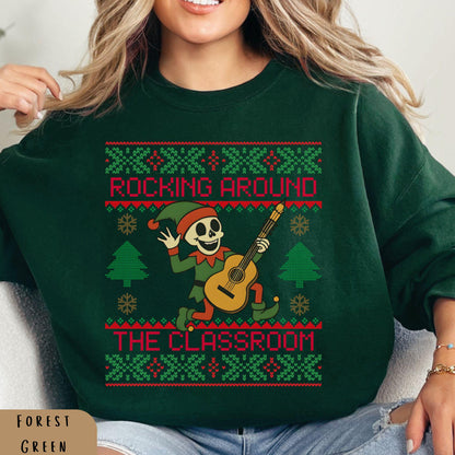 Rockin' around the Christmas Tree Shirt Ugly Christmas For Teacher Dancing Skeleton Sweatshirt Funny Christmas
