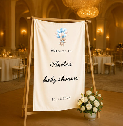Linen Baby Shower Welcome Sign – Personalized Banner with Name & Date, Custom Rustic Party Decoration, Neutral Baby Shower Linen Backdrop