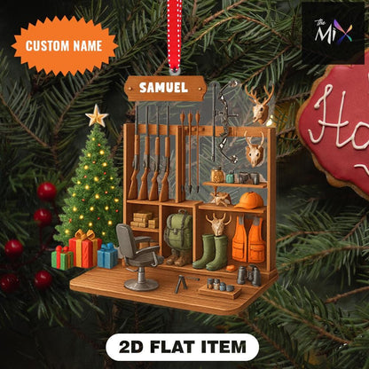 Custom Name Hunting Room Ornament, 2D Flat Ornament,  Acrylic or Wood Personalized Gift, Hunter Christmas Ornament Gift, Gift for Hunter