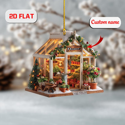 2D greenhouse acrylic ornament, personalized garden Christmas decor, custom name ornament, holiday tree decoration, gift for gardeners
