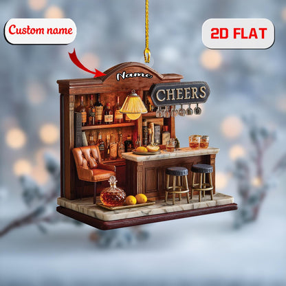 2D home bar acrylic ornament, personalized Christmas pub decor, custom name ornament, holiday tree decoration, gift for bartenders