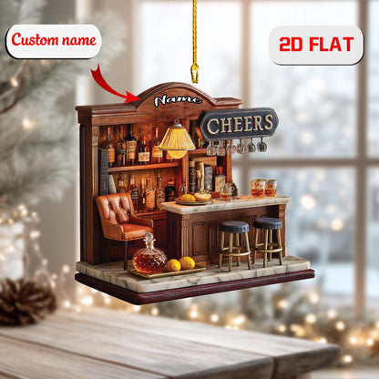 2D home bar acrylic ornament, personalized Christmas pub decor, custom name ornament, holiday tree decoration, gift for bartenders