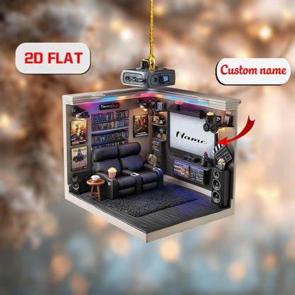 2D home theater acrylic ornament, personalized movie room Christmas decor, custom name ornament, holiday tree decoration, christmas gift