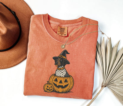 Comfort Colors® Halloween Shorthaired Pointer Shirt, Retro Fall Spooky Vibes Witch Dog In Pumpkins Shirt, GSP Dog lover Halloween Shirt