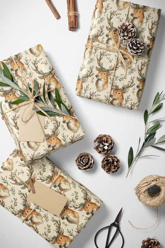 Wrapping Paper Premium Watercolor Deer | Christmas Gift Wrap Roll | Cozy Rustic Holiday Aesthetic Supplies #3