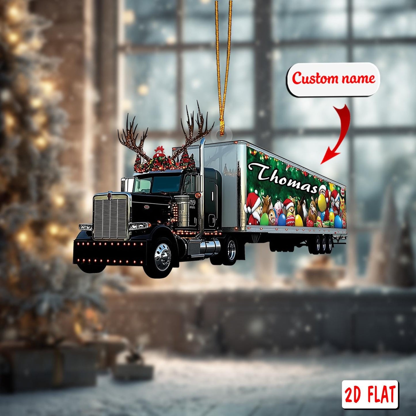 2D acrylic ornament, flat christmas ornament, personalized truck ornament, custom name ornament, semi truck ornament, reindeer xmas gift