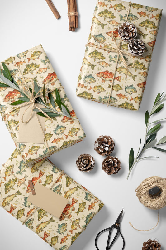 Fishing Wrapping Paper Outdoor Hobby Gift Wrap with Vintage Fish and Rods Print for Nature and Lake Lovers