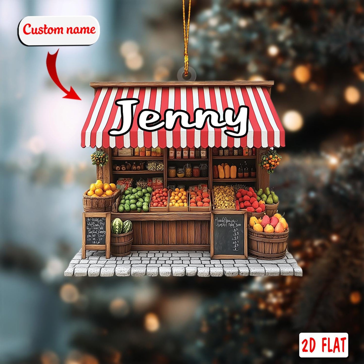 Custom Name 2D Acrylic Christmas Ornament, Fruit Shop Holiday Decor, Personalized Market Stand Ornament, Unique Xmas Tree Gift