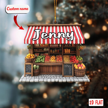 Custom Name 2D Acrylic Christmas Ornament, Fruit Shop Holiday Decor, Personalized Market Stand Ornament, Unique Xmas Tree Gift
