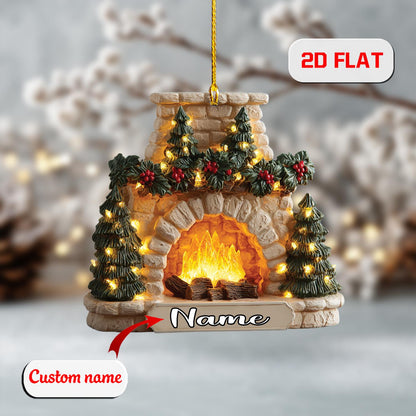 2D Acrylic Christmas Ornament, Fireplace Holiday Decor with Lights, Personalized Xmas Ornament, Cozy Winter Tree Gift, Christmas Gift