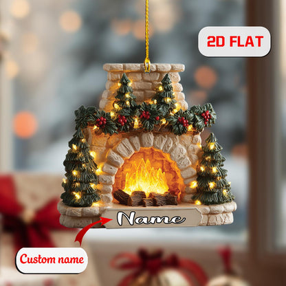 2D Acrylic Christmas Ornament, Fireplace Holiday Decor with Lights, Personalized Xmas Ornament, Cozy Winter Tree Gift, Christmas Gift