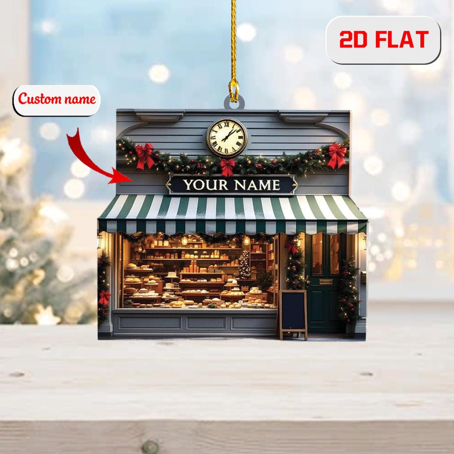 2D Acrylic Christmas Ornament, Bakery Storefront Holiday Decor with Bread and Pastries, Personalized Baker Ornament, Christmas Gift