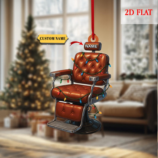 Personalized Barber's Chair Christmas 2D Flat Ornament, Shape Barber Acrylic Ornament, Christmas Gift For Barber, Barber Shop Decor
