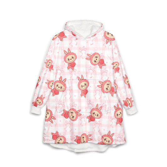 Labubu Hooded Blanket: Soft Polyester Fleece, Kangaroo Pocket