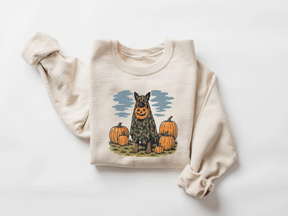 Halloween German Shepherd Sweatshirt, Camo Ghost Dog with Pumpkin Head Shirt, Funny Hunting Dog Costume Fall Shirt, Vintage Dog Shirt