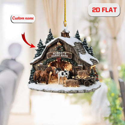 Personalized Horse Barn Christmas Ornament 2025, Custom Name Farm Ornament with Horses, 2D Flat Acrylic Decoration, Unique Xmas Gift