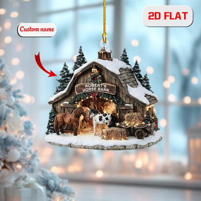 Personalized Horse Barn Christmas Ornament 2025, Custom Name Farm Ornament with Horses, 2D Flat Acrylic Decoration, Unique Xmas Gift