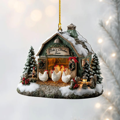 Chicken Farm Ornament – Rustic Barn Christmas Tree Decor – Personalized Gift for Farmers & Chicken Lovers, 2D flat ornament