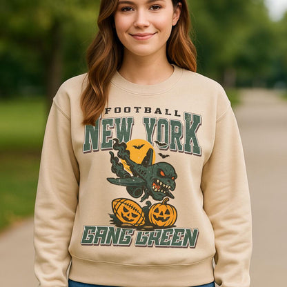 Vintage Style New York Spooky Sweatshirt | Gang Green Halloween Football Shirt | Spooky Crow Pumpkin Shirt | Fall Sports Fan Gift