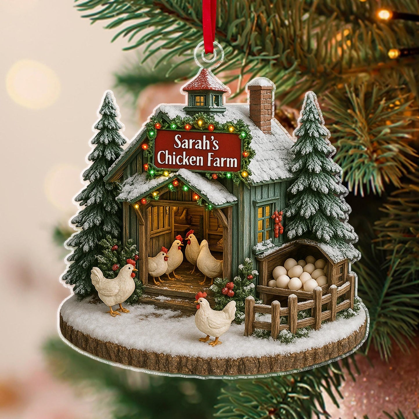 Personalized Chicken Farm Ornament, Custom Chicken Ornament 2D Flat, Farmhouse Christmas Ornament, Farm Decor, Gift For Farmer,Chicken Lover