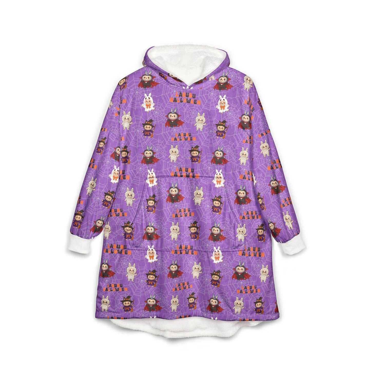 Labubu Halloween Hooded Blanket: Soft Polyester Fleece, Kangaroo Pocket